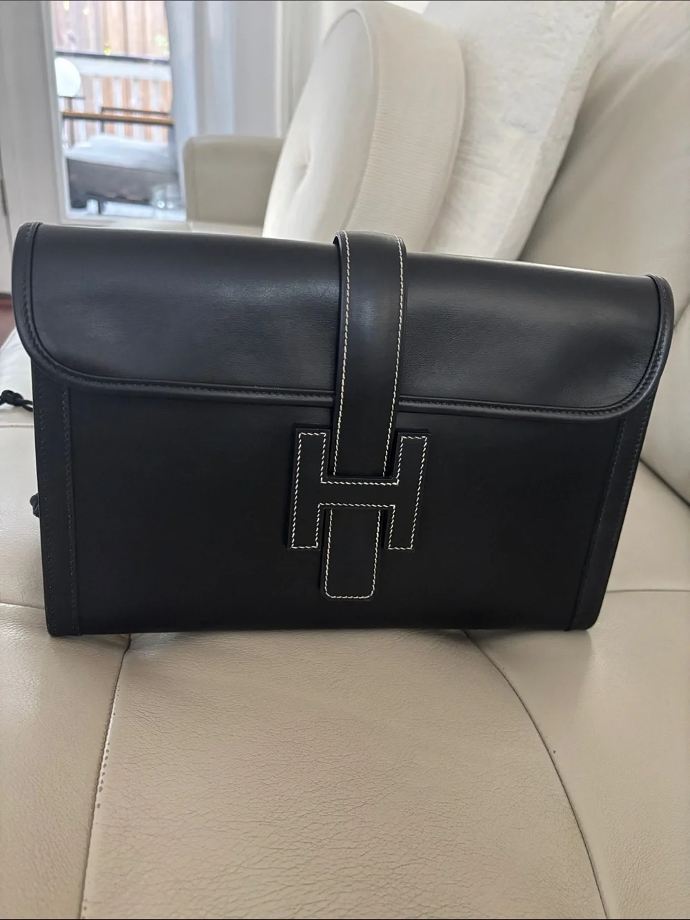 Hermes Black Leather Clutch with White Contrast Stitching